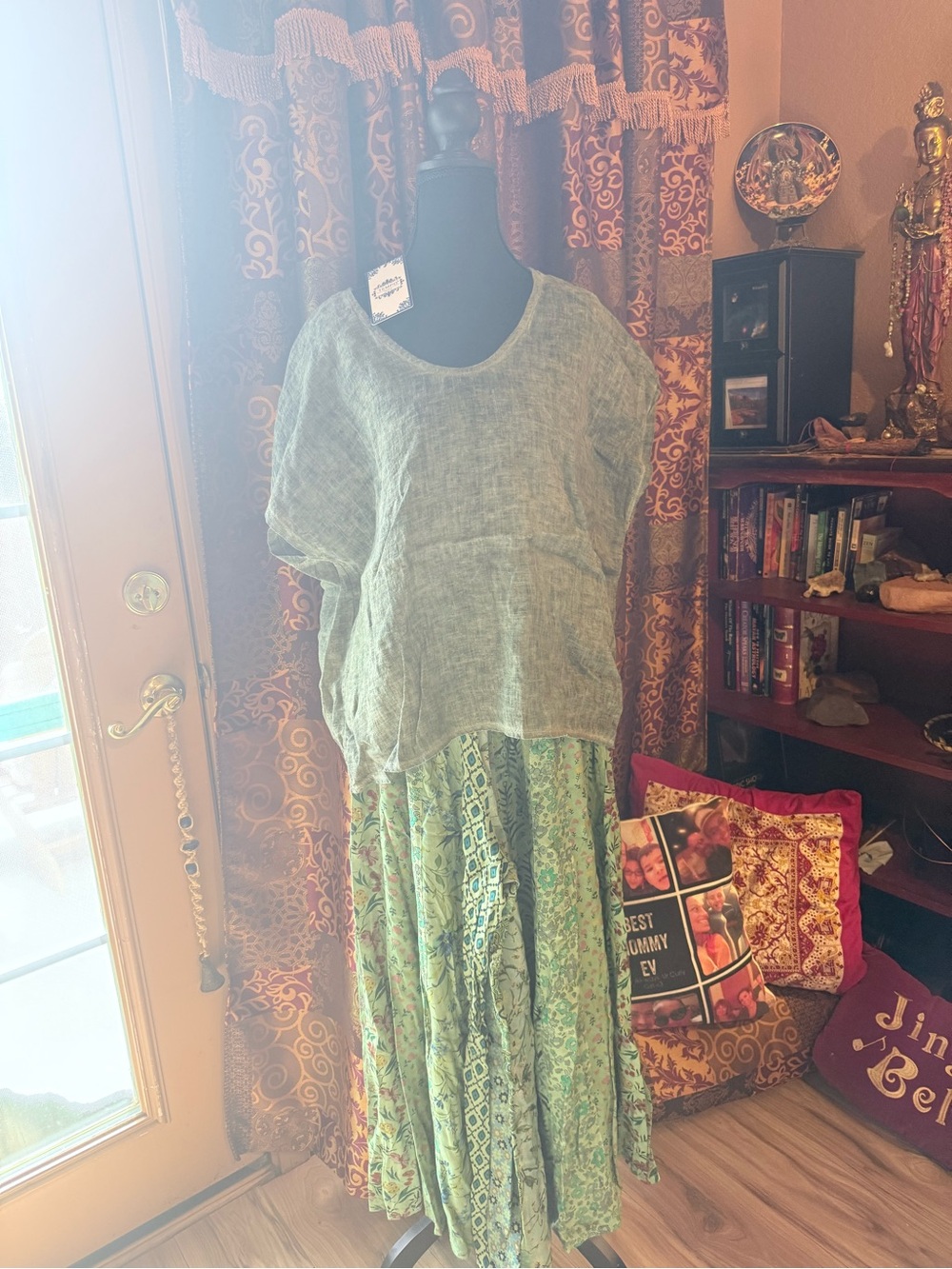 Green High Vibe Linen Crop Tunic w/  Boho Pant/Skirt Set
